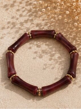 🍂 Smoked Plum Bamboo Tube Stretch Bracelet Gold Accent Boho Bracelet